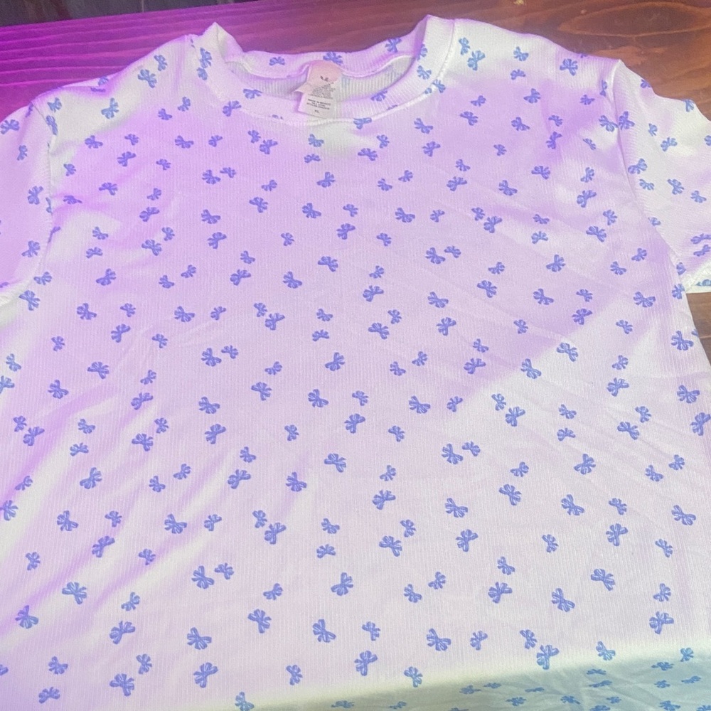 White T-Shirt with Blue Floral Pattern